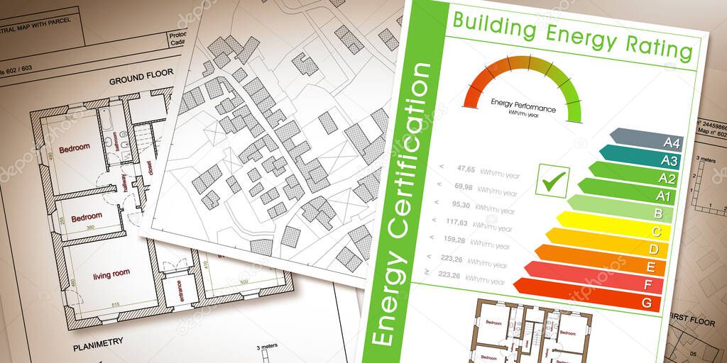 Buildings energy efficiency and Rating concept with energy certification classes according to the new European law called Energy Performance of Buildings Directive-EPBD.