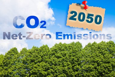 Bir ormana karşı CO2 Net-Zero emisyon kavramı - Karbon Tarafsızlık kavramı - 2050 Avrupa yasalarına göre 
