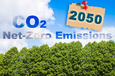 CO2 Net-Zero Emission concept against a forest - Carbon Neutrality concept - 2050 According to European law  clipart