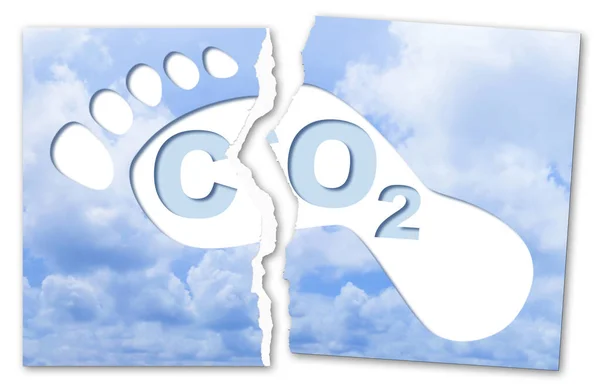 带Co2文字的碳足迹概念与云天背景下脚印的照片 二氧化碳中和与足部符号的生态概念 — 图库照片