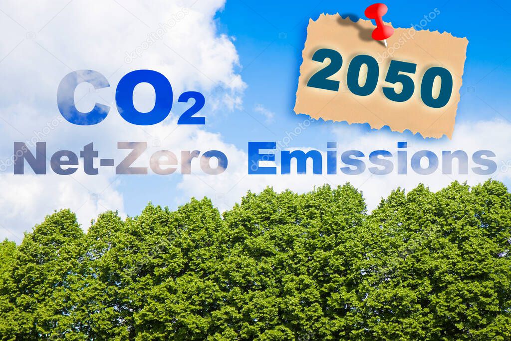 CO2 Net-Zero Emission concept against a forest - Carbon Neutrality concept - 2050 According to European law 