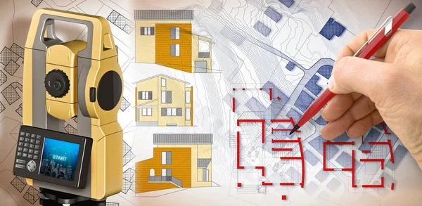 Zaprojektuj Nowy Budynek Koncepcja Wyimaginowaną Mapą Katastralną Renderowaniem Urządzenia Geodezyjnego — Zdjęcie stockowe