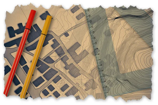 Weergave Van Gekleurd Werktuig Een Kadastrale Landkaart Met Gebouwen Velden — Stockfoto