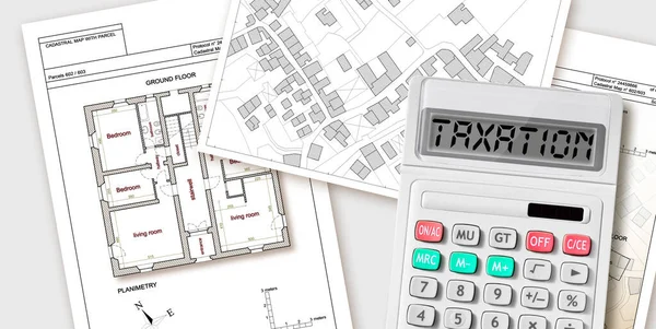 Property Tax Buildings Concept Image Imaginary Cadastral Map Calculator Taxation — Stock Photo, Image