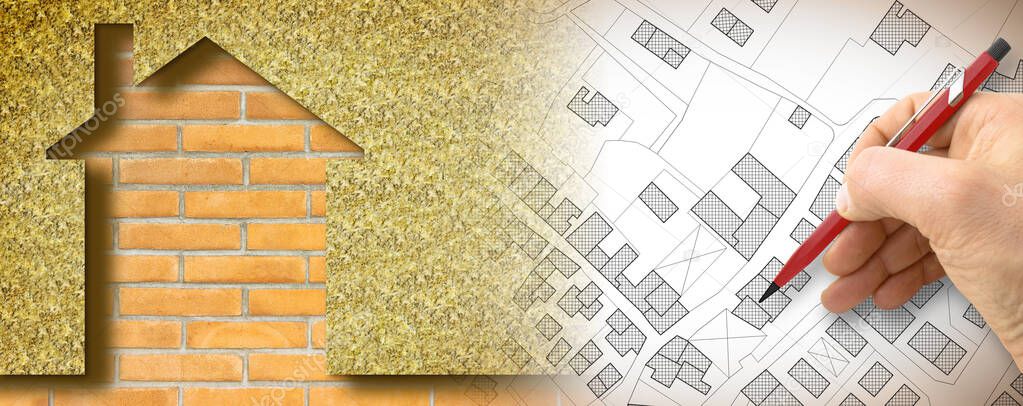 Thermal insulation coatings for residential construction with mineral wool or rock wool to reduce thermal losses also used for thermal, acoustic and fire-protection purposes - Building energy efficiency concept with imaginary city map.