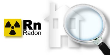 Evlerimizdeki radon gazı tehlikesi - elementlerin periyodik tablosu, radyoaktif uyarı sembolü ve büyüteçle görülen ev silueti kavramı.