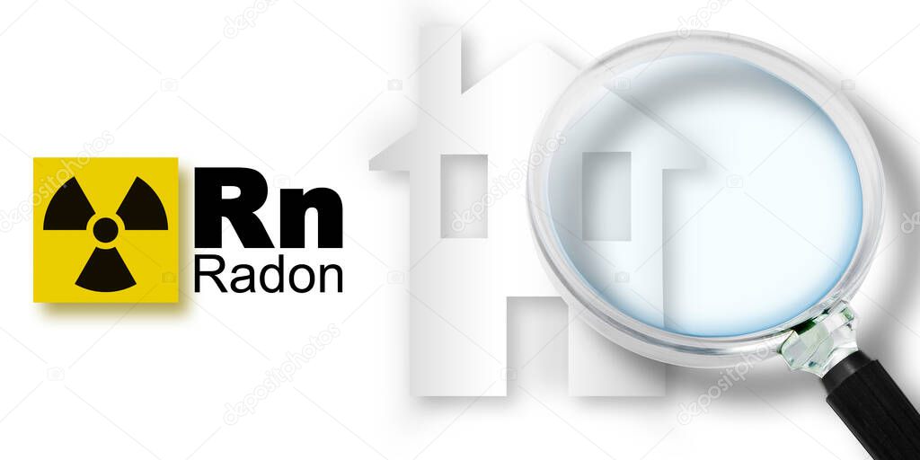 The danger of radon gas in our homes - concept with periodic table of the elements, radioactive warning symbol and home silhouette seen through a magnifying glass.