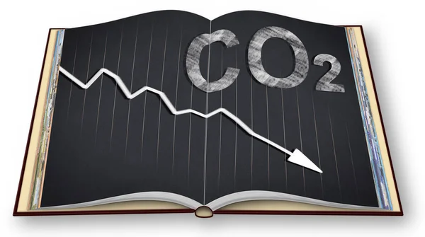 CO2 Net-Zero Emission - Carbon Neutrality concept with decreasing graph - 3D render of an opened photo book isolated on white background