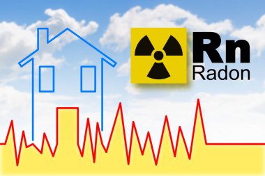 Evlerimizdeki radon gazı tehlikesi - radyoaktif sembollü konsept illüstrasyon ve radon kirliliği hakkında kontrol grafiği