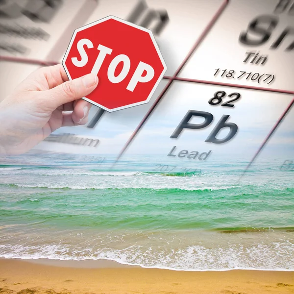 Stop Pollution Dangerous Lead Heavy Metals Seawater Concept Hand Holding — Stock Photo, Image
