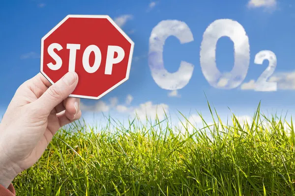 Stop Co2 Concept Tegen Een Groen Wild Gras Lucht Achtergrond — Stockfoto