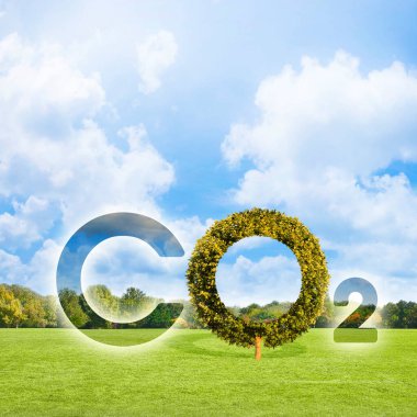 Reduction of the amount of CO2 emissions - concept with CO2 icon text and tree shape in rural scene with  green mowed lawn with trees and copy space clipart