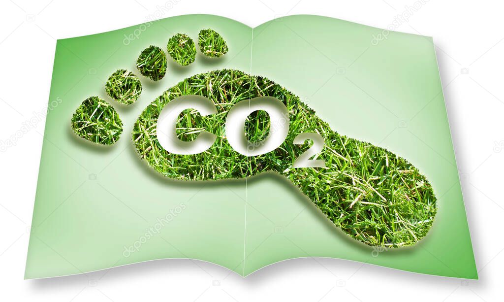 Carbon footprint concept image with CO2 text against footprint in grass shape - CO2 Neutral and ecological 3D rendering opened photobook concept with foot symbol
