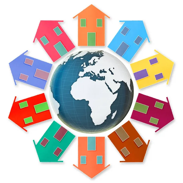 Global Village Concept Tien Kleine Huizen Rond Aarde — Stockfoto