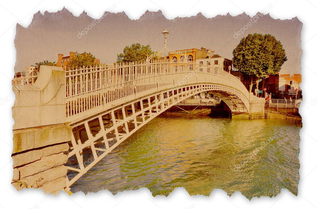 The most famous bridge in Dublin called Half penny bridge due to the toll charged for the passage - Retro style concept image with recycled cardboard with torn edges.