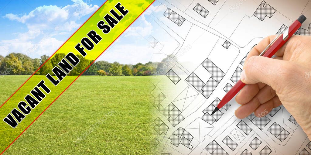 Rural scene with Vacant Land for Sale written on a yellow label over an imaginary city map and a green area.