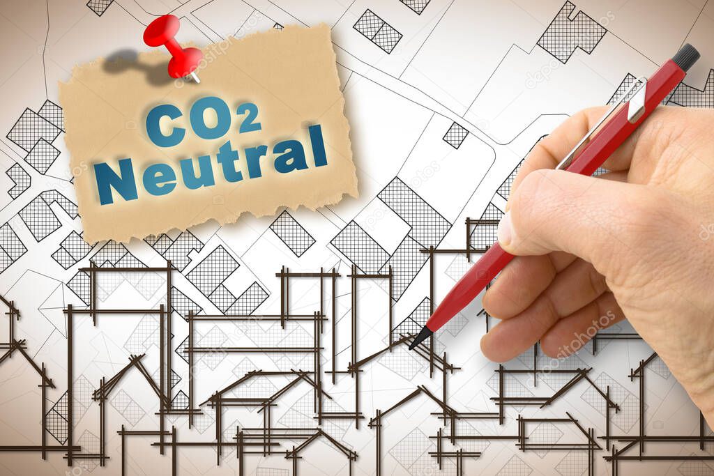 CO2 Neutral in construction industry and building activity with cityscape against an imaginary city map