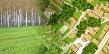 Imaginary topographic cadastral map and land parcels of territory with trees on background and buildable vacant land for sale - concept image. clipart