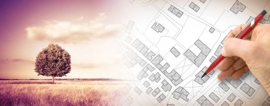 Arka planda bir ağaç ile arazi hayali bir kadastro haritası çizim el -