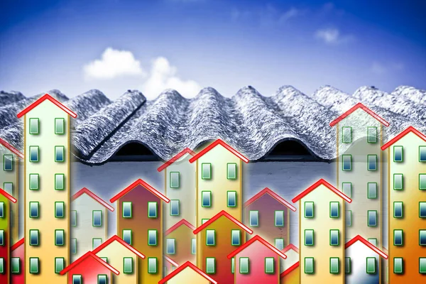 Planda Renkli Evler Olan Tehlikeli Asbest Çatı Detayı Konsept Görüntü — Stok fotoğraf