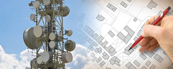 Yerleşim bölgeleri yakınlarındaki radyo emisyonları hakkında uyarı ve risk - merkezi radyo istasyonu ile küresel iletişim hizmetleri kavramı ile ev ve hayali şehir haritası