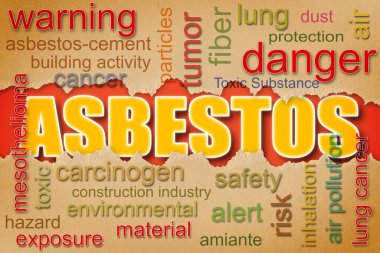 Dangerous asbestos infographic concept image with word cloud keywords against a torn cardboard background.
