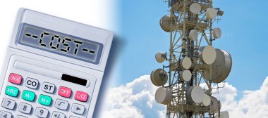 Costs about communications - concept with calculator and base radio station for global communications services