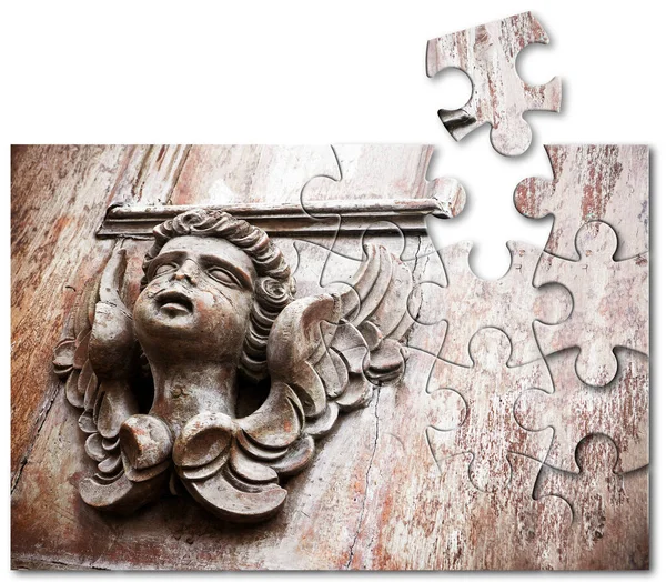 Slow Faith Building Loss Concept Sculpture Angel Wooden Door Faith — стоковое фото
