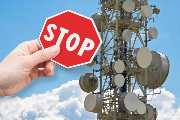 Stop to radio emissions - concept with base radio station for global communications and stop sign