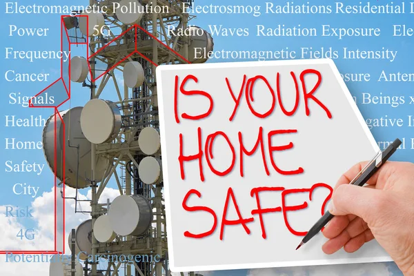你的家是安全的电磁污染暴露 全球通信服务基础广播电台概念 电磁场辐射概念 住宅大楼概念和关键词 — 图库照片