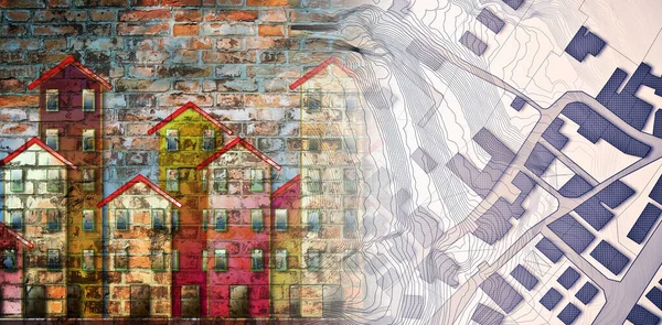 Concept Immobilier Avec Une Carte Cadastrale Imaginaire Territoire Avec Bâtiments — Photo