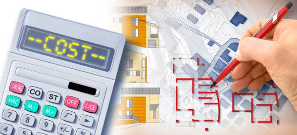 How much does it cost to build a new residential building? Concept with an architect drawing a residential building over an imaginary cadastral map with calculator an costs tex