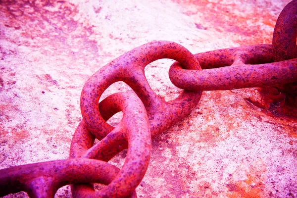 Detail Old Rusty Metal Chain Anchored Concrete Block Toned Image — Stock Photo, Image