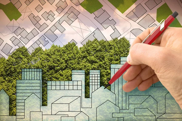 Képzeletbeli Városkép Zöld Lakóépületekkel Kertekkel Nyilvános Parkokkal Zöld Területekkel Fákkal — Stock Fotó