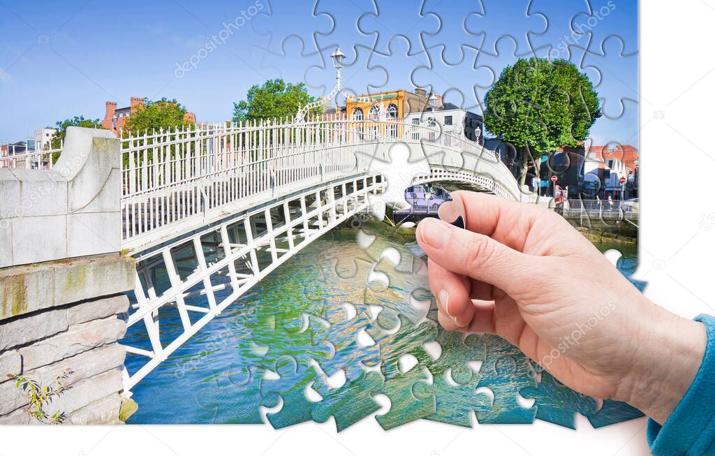 The most famous bridge in Dublin called Half penny bridge - concept in puzzle shape.