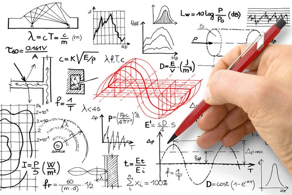 Engenheiro Escrever Fórmulas Sobre Redução Ruído Estruturas Edifícios Imagem Conceito — Fotografia de Stock