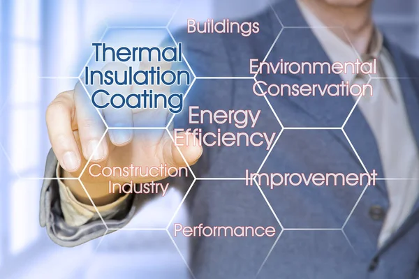 Wärmedämmbeschichtung Und Gebäudeenergieeffizienz Konzept Geschäftsführer Zeigt Auf Symbole Vor Digitalem — Stockfoto