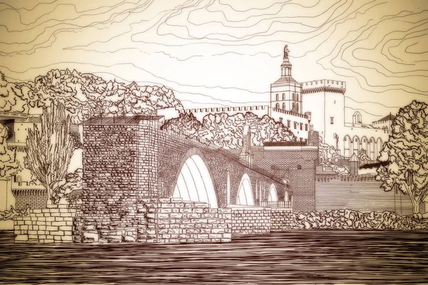 Avignon Stadt Mit Der Alten Kaputten Mittelalterlichen Brücke Von Saint — Stockfoto