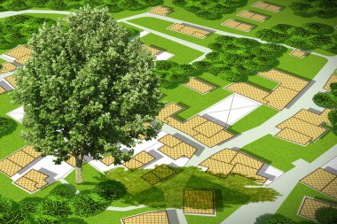 Halka açık bir parkın yeşil bir alanındaki yalnız ağaçlı hayali kadastro haritası - kopya alanı olan konsept resim