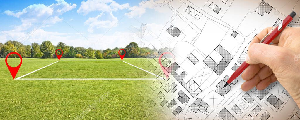 Land plot management - real estate concept with a vacant land on a green field available for building construction in a residential area against an imaginary cadastral ma