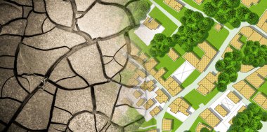 Kurak ve verimsiz topraklara dönüşen yeşil bir şehirle çölleşme kavramı. 