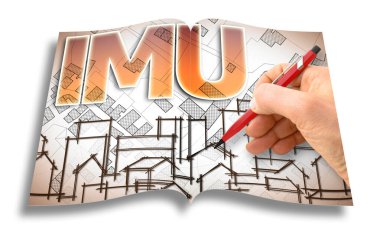 Imu (Benzersiz Belediye Vergisi anlamına gelir) arazi ve binalar üzerinde en popüler İtalyan vergi - binalar, yollar ve arazi parsel ile arazi bir kadastro haritası karşı kavram görüntüsü.