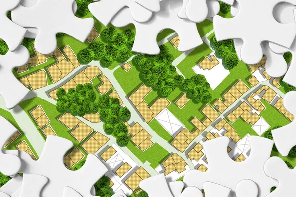 Inbillad Stadskarta Med Bostadshus Vägar Trädgårdar Grönområden Och Träd Grönt — Stockfoto