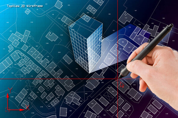 Imaginary cadastral map of territory with building in the center - land registry concept illustration with hand, digital pen and  CAD (Computer-Aided-Design) software in dwg format file - Note: the map background is totally invented and does not repr