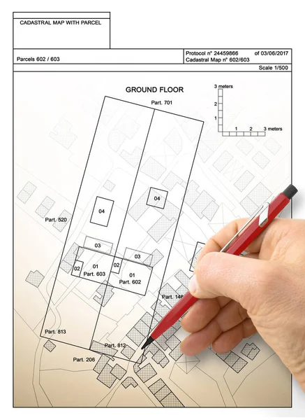 Mano Disegnando Una Mappa Catastale Immaginaria Del Territorio Con Edifici — Foto Stock