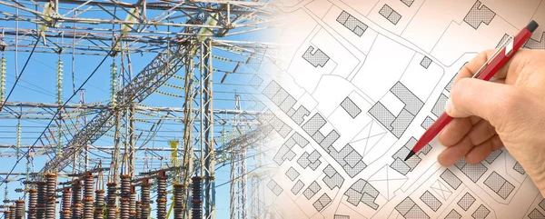 城市的电力分配 城市地图和发电厂的概念图 地图背景完全是虚构的 并不代表任何真实的地方 — 图库照片
