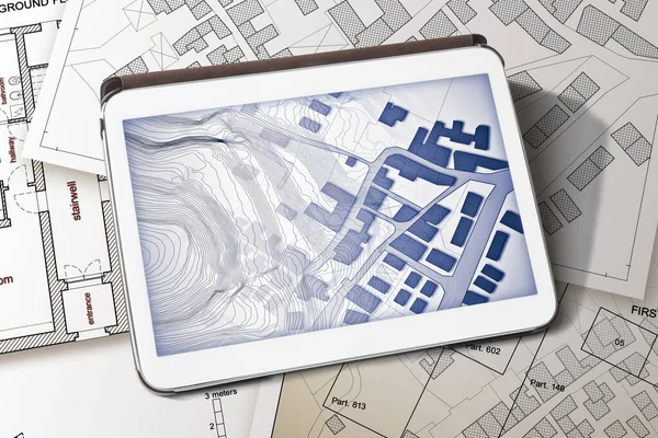 Binalar Arazi Parselli Hayali Kadastro Haritası Dijital Tabletli Konsept Resim — Stok fotoğraf