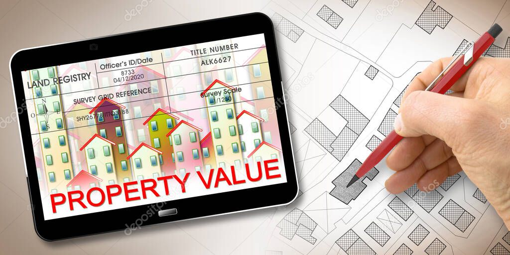 PROPERTY VALUE OF A BUILDING - Concept with an imaginary cadastral map an 3D rendering of a digital tablet wito a cityscape - Note: the map background is totally invented and does not represent any real place.