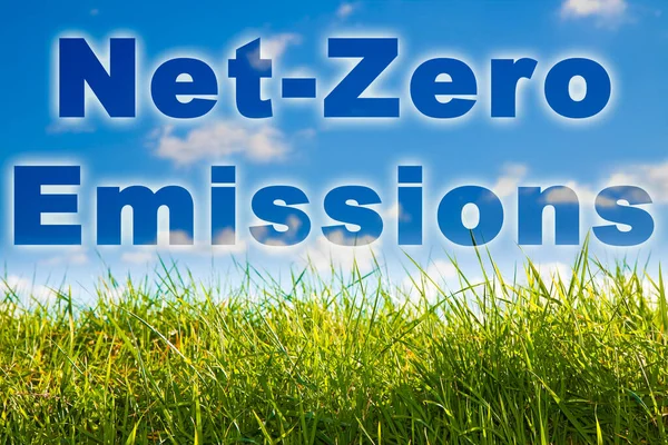 CO2 Net-Zero Emission - Carbon Neutrality concept against a green wild grass on sky background