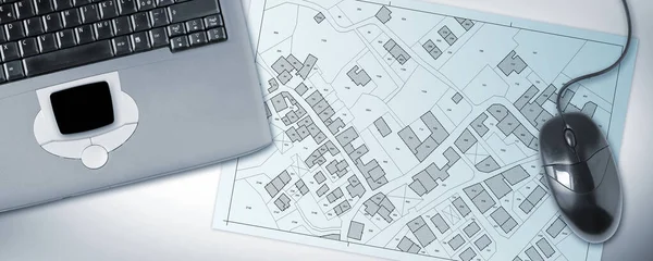 Imaginary Cadastral Map Territory Buildings Land Parcel Concept Laptop Computer — Stock Photo, Image